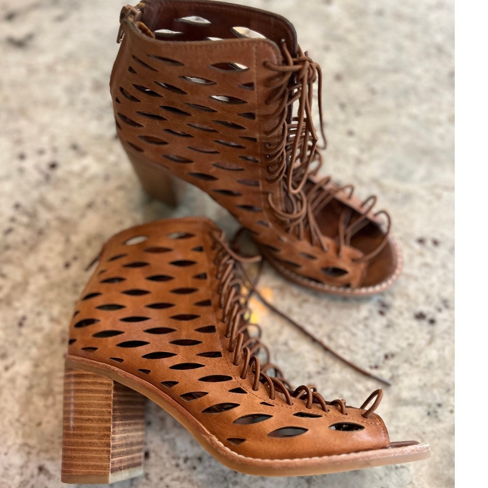 Jeffrey Campbell Tan Leather Lace Up Gladiator Block Heel Sandals‎ Womens 6